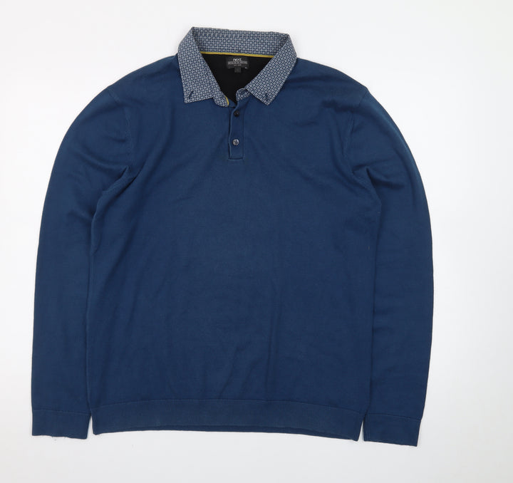 Next Men's Blue Long Sleeve Cotton Polo Shirt Size Large