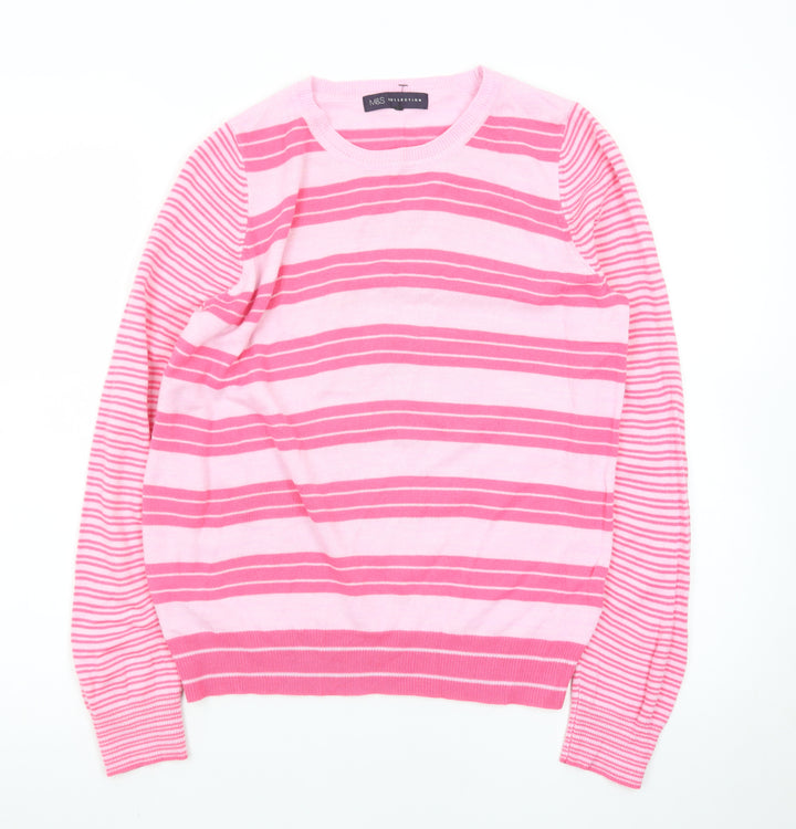 Marks and Spencer Women Pink Striped Crew Neck Jumper Size 10