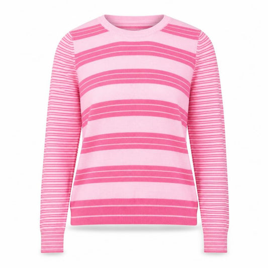 Front view of Marks & Spencer Women Pink Striped Crew Neck Jumper, size 10