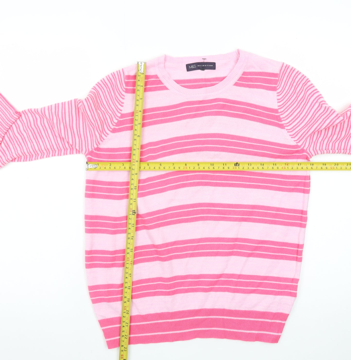 Marks and Spencer Women Pink Striped Crew Neck Jumper Size 10