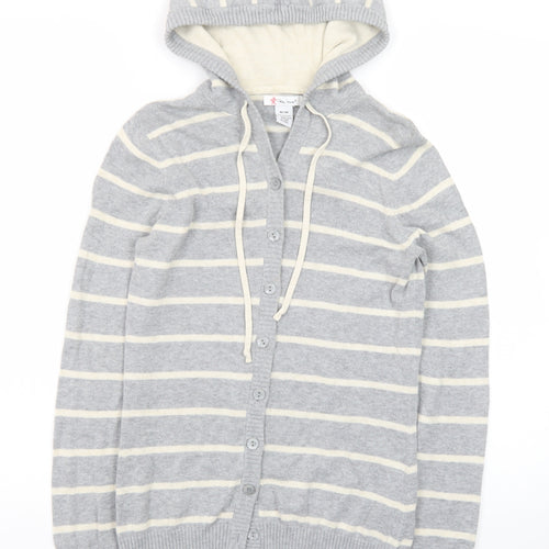 Like Love Women Grey Striped Hooded Cardigan M 100% Cotton Knit