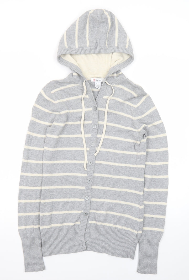 Like Love Women Grey Striped Hooded Cardigan M 100% Cotton Knit