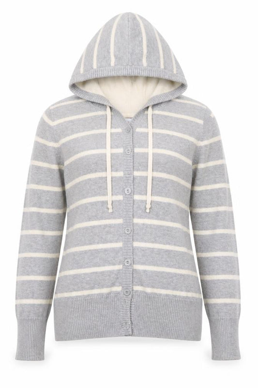 Front view of Like Love Women Grey Striped Hooded Cardigan M 100% Cotton Knit