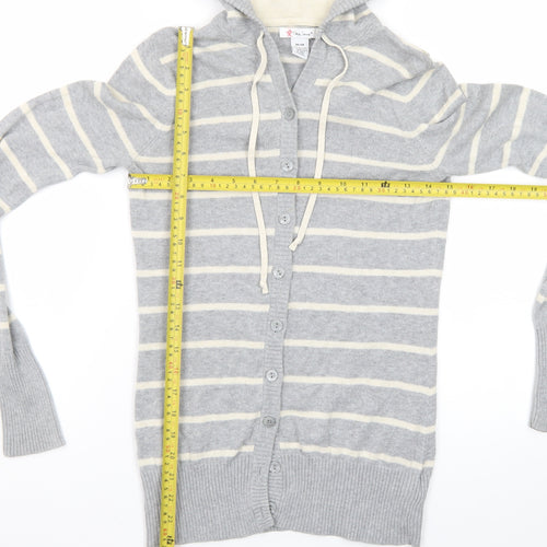 Like Love Women Grey Striped Hooded Cardigan M 100% Cotton Knit