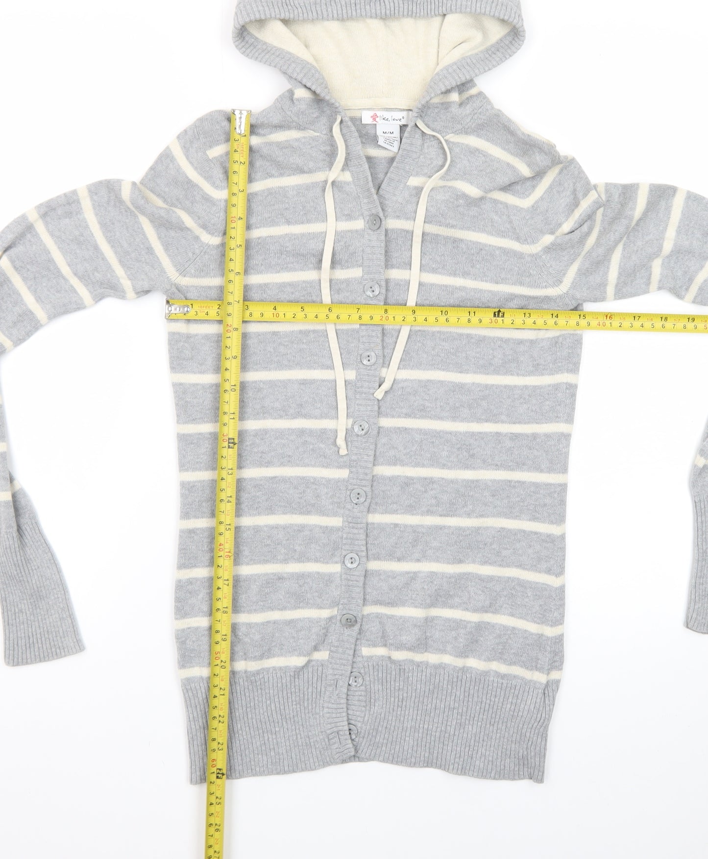 Like Love Women Grey Striped Hooded Cardigan M 100% Cotton Knit