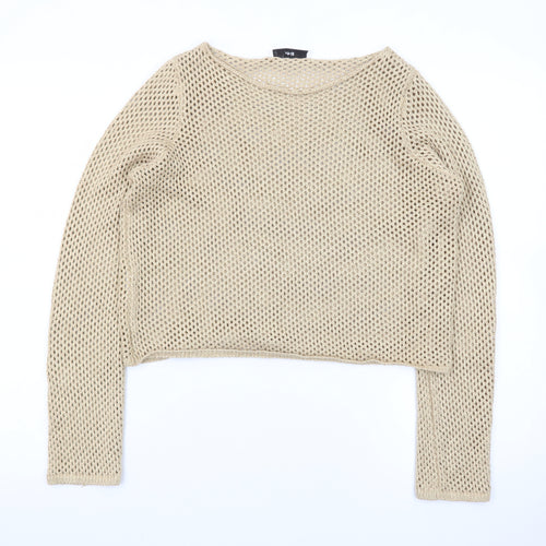 Mango Women Beige Open-Knit Cotton Blend Pullover Jumper Size S