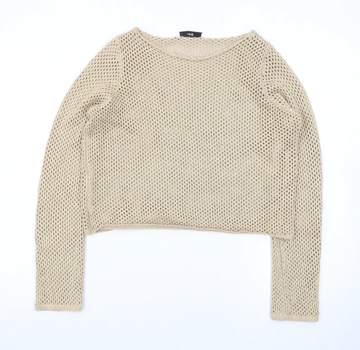 Mango Women Beige Open-Knit Cotton Blend Pullover Jumper Size S