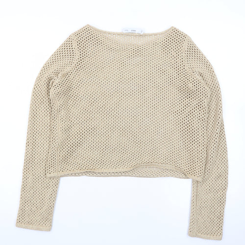 Mango Women Beige Open-Knit Cotton Blend Pullover Jumper Size S