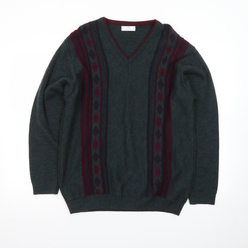 Essentials Men's Green Argyle V-Neck Pullover Jumper Size S