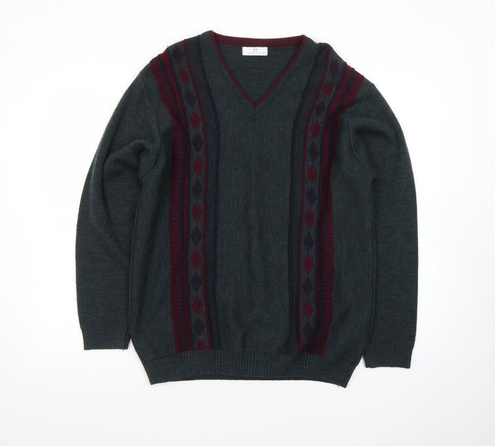 Essentials Men's Green Argyle V-Neck Pullover Jumper Size S