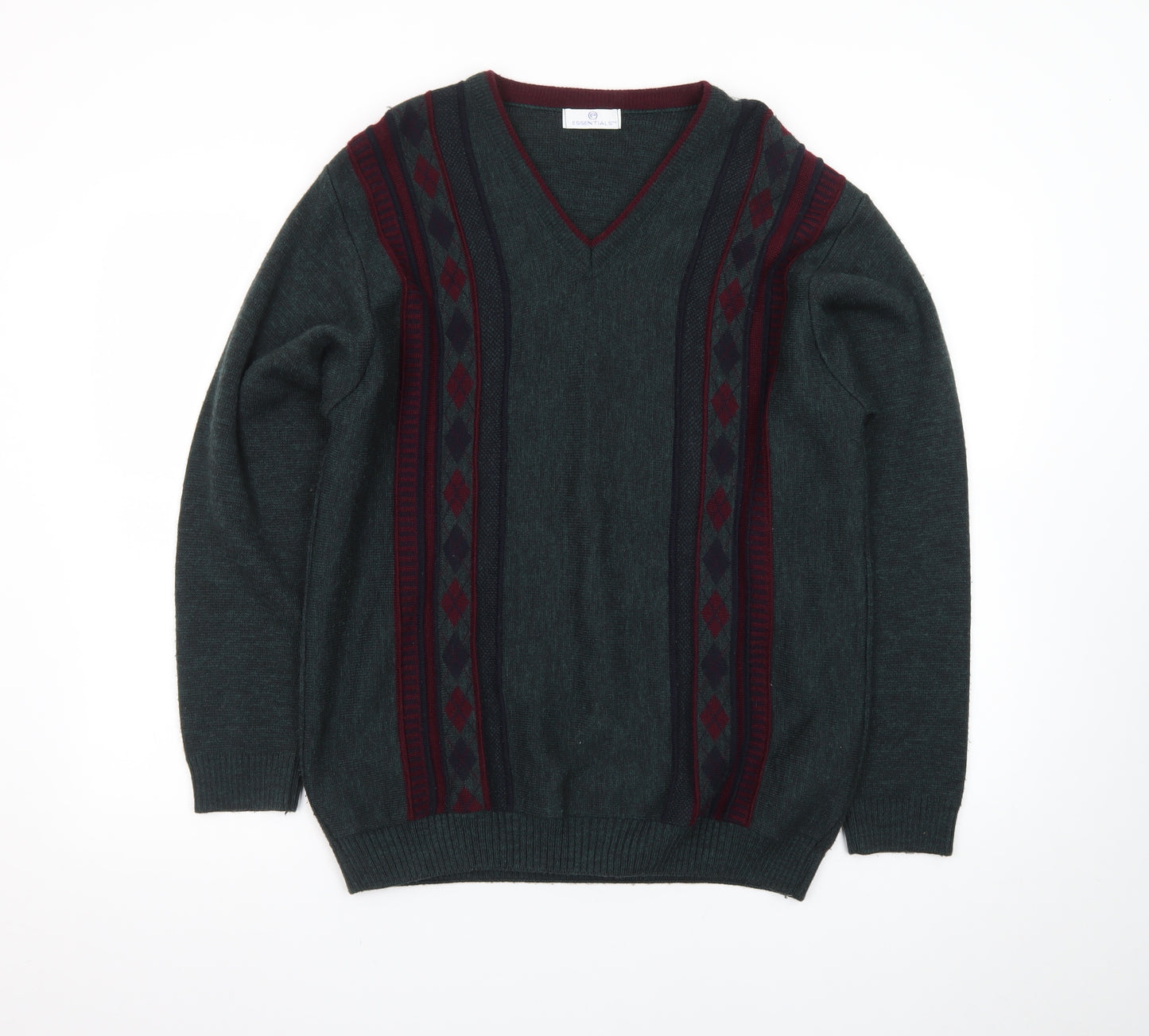 Essentials Men's Green Argyle V-Neck Pullover Jumper Size S