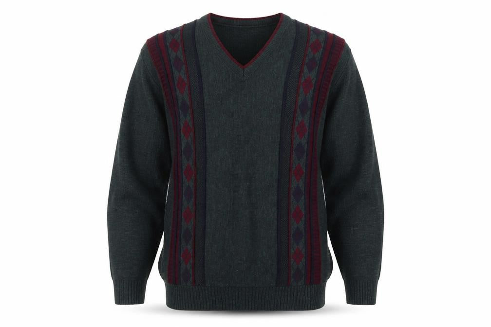 Essentials Men's Green Argyle V-Neck Pullover Jumper Size S