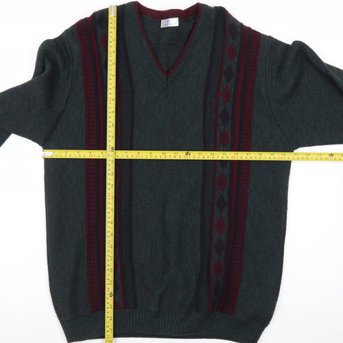 Essentials Men's Green Argyle V-Neck Pullover Jumper Size S