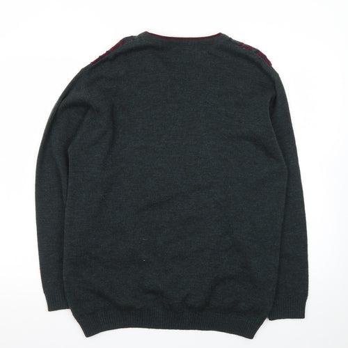 Essentials Men's Green Argyle V-Neck Pullover Jumper Size S