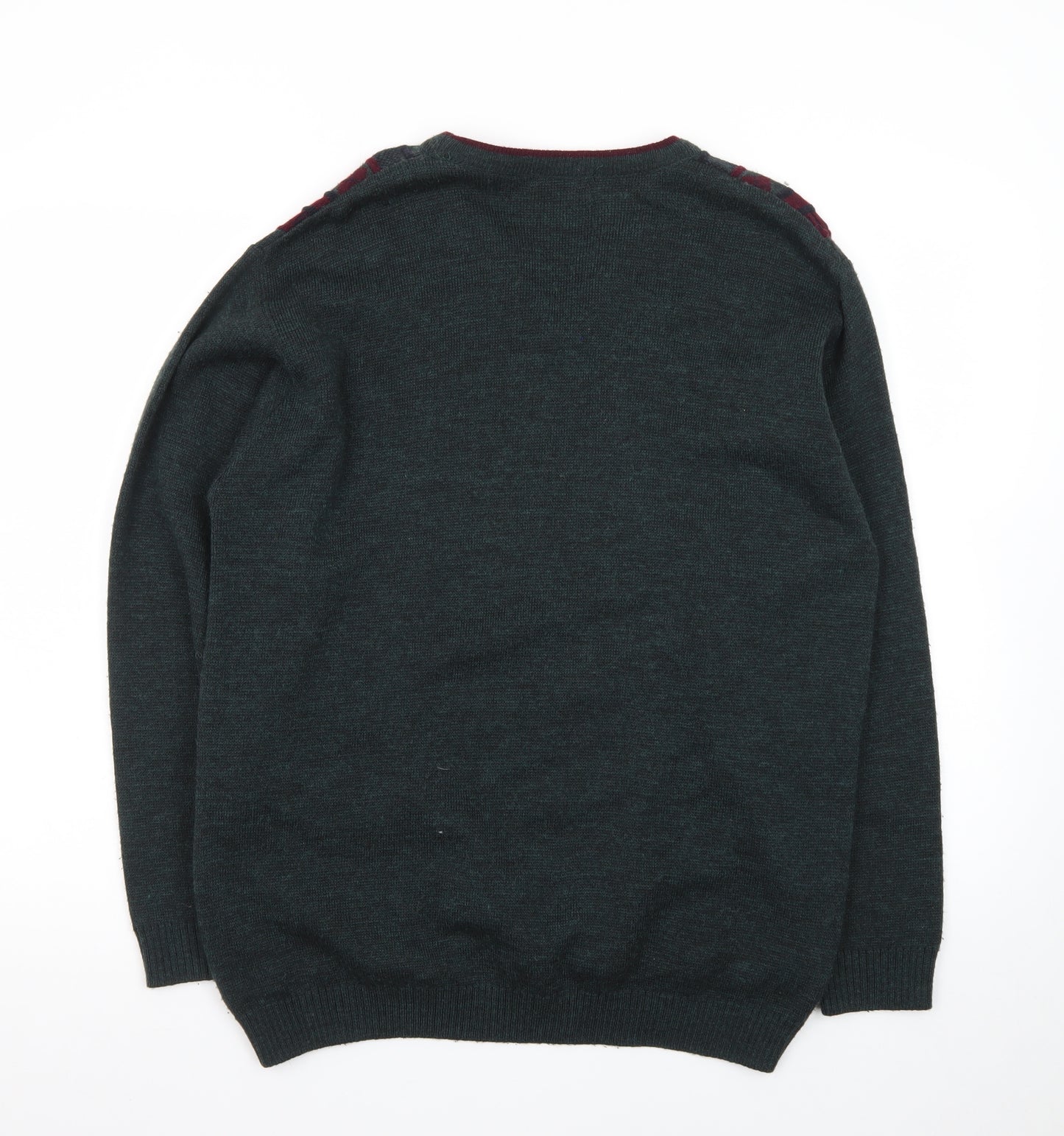 Essentials Men's Green Argyle V-Neck Pullover Jumper Size S