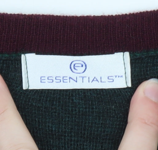 Essentials Men's Green Argyle V-Neck Pullover Jumper Size S