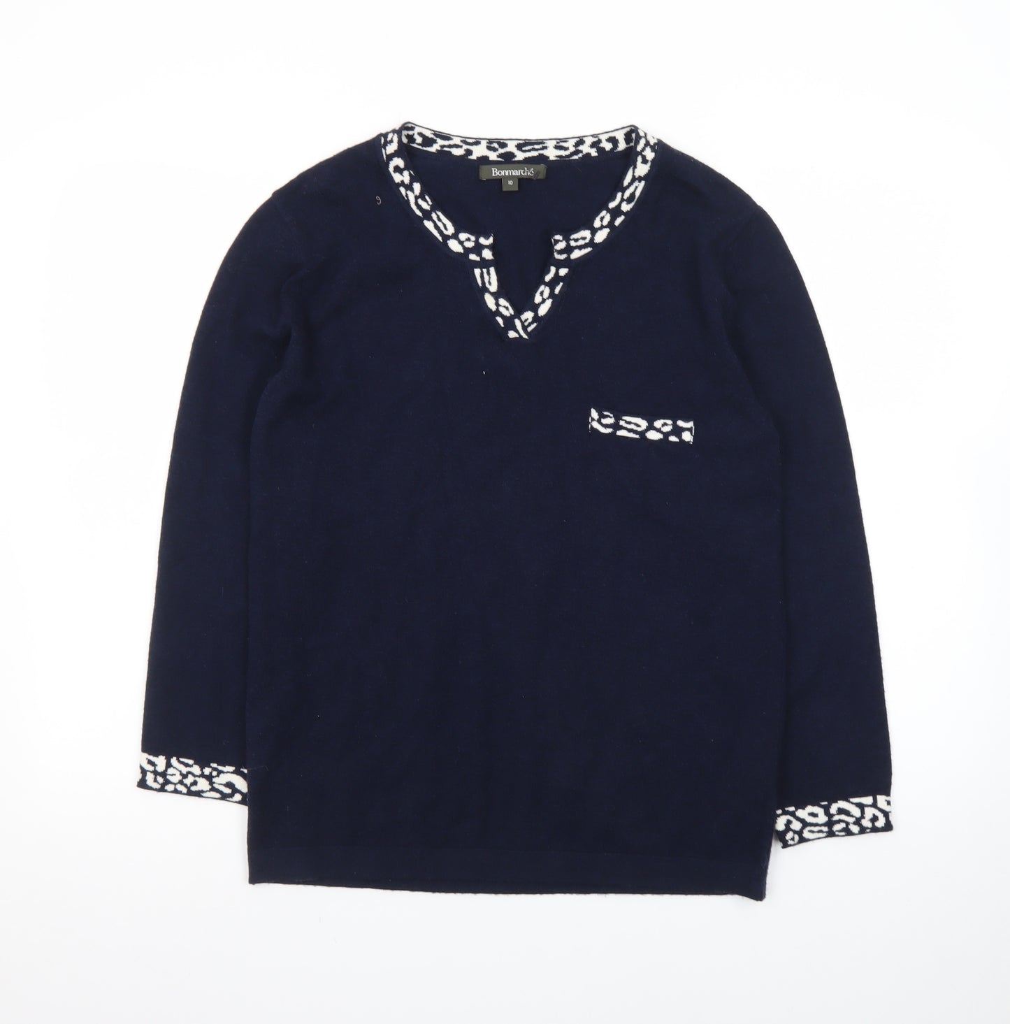 Bonmarché Women’s Blue Animal Trim V-Neck Jumper Size 10