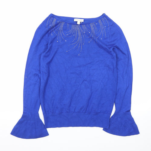 Monsoon Women's Blue Rhinestone Bell Sleeve Pullover Jumper Size S