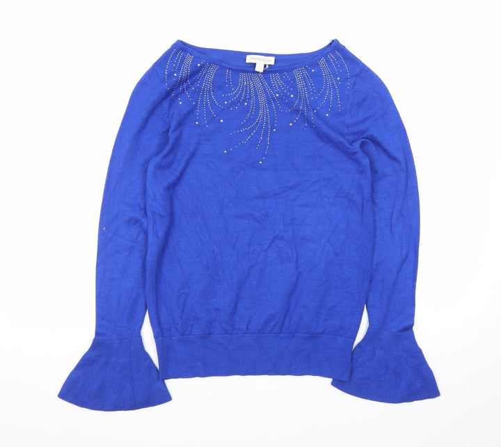 Monsoon Women's Blue Rhinestone Bell Sleeve Pullover Jumper Size S