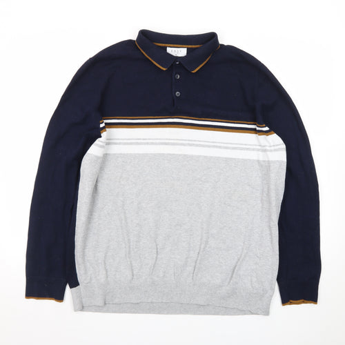 EASY Men's Blue & Grey Striped Collared Pullover Jumper XL