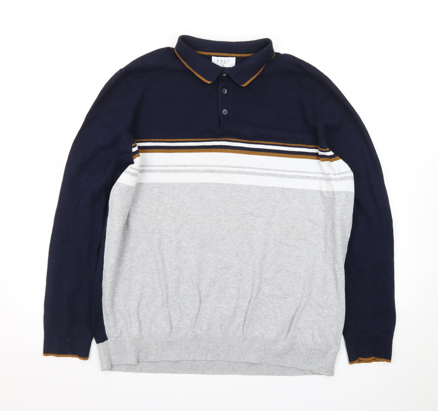 EASY Men's Blue & Grey Striped Collared Pullover Jumper XL