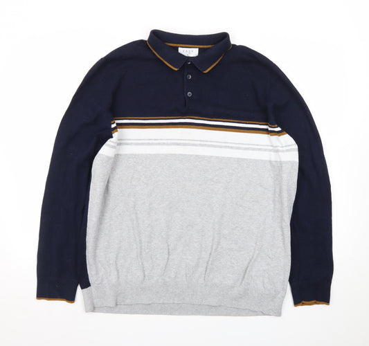 EASY Men's Blue & Grey Striped Collared Pullover Jumper XL