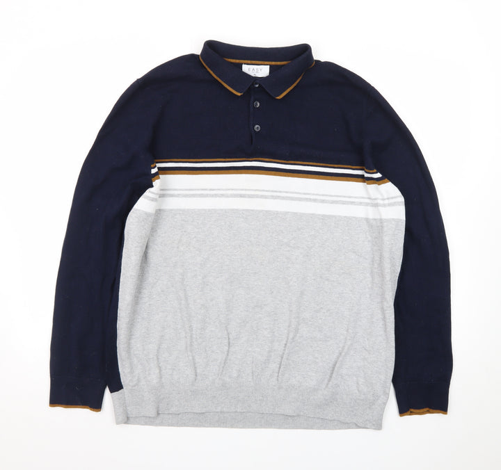 EASY Men's Blue & Grey Striped Collared Pullover Jumper XL