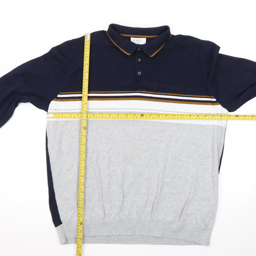 EASY Men's Blue & Grey Striped Collared Pullover Jumper XL