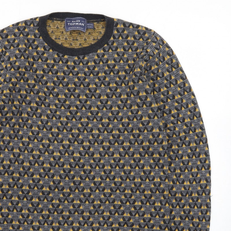 Topman Men's Grey Geometric Knit Crew Neck Pullover Jumper Size S