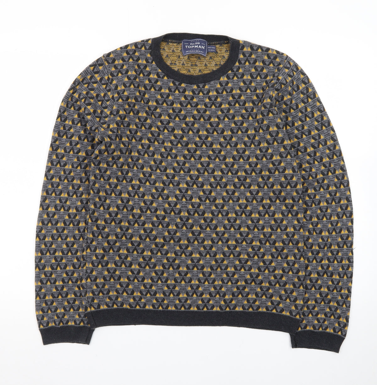 Topman Men's Grey Geometric Knit Crew Neck Pullover Jumper Size S