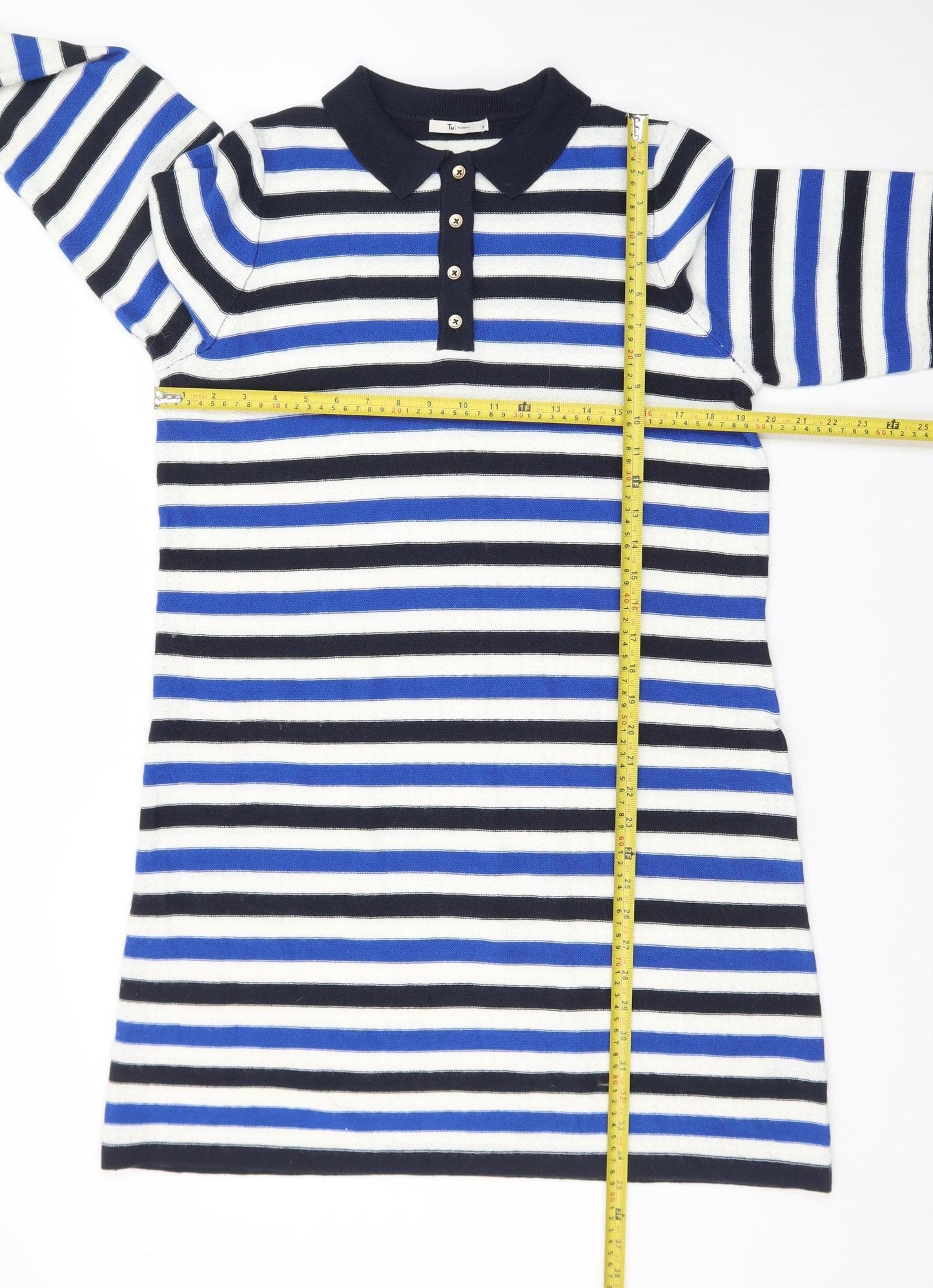 Tu Women Blue Striped Collared Knit Shirt Dress Size 16