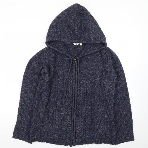 FatFace Women's Blue Wool Blend Hooded Cable Knit Zip Jumper Size 10