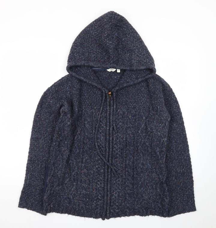 FatFace Women's Blue Wool Blend Hooded Cable Knit Zip Jumper Size 10