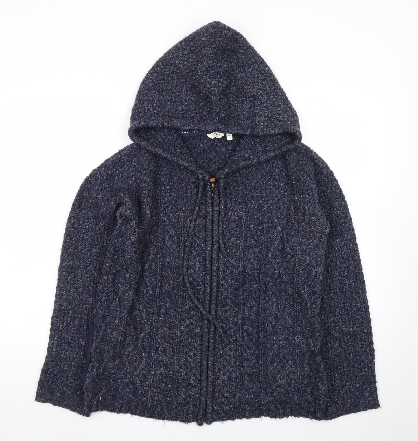FatFace Women's Blue Wool Blend Hooded Cable Knit Zip Jumper Size 10