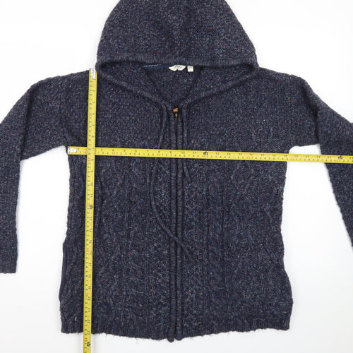 FatFace Women's Blue Wool Blend Hooded Cable Knit Zip Jumper Size 10