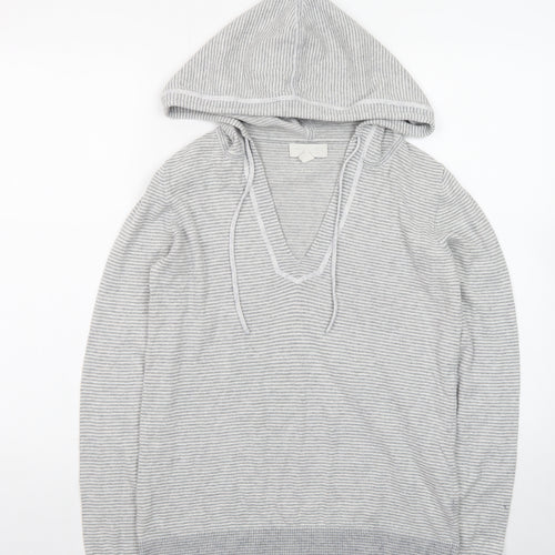 The White Company Womens Grey XS Striped V-Neck Hooded Cotton Jumper