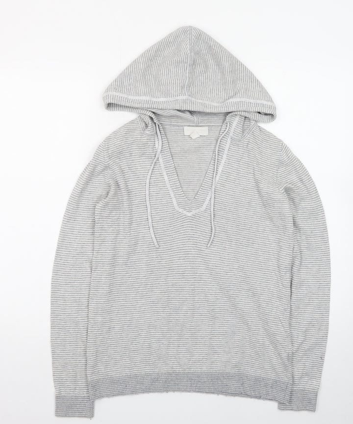 The White Company Womens Grey XS Striped V-Neck Hooded Cotton Jumper