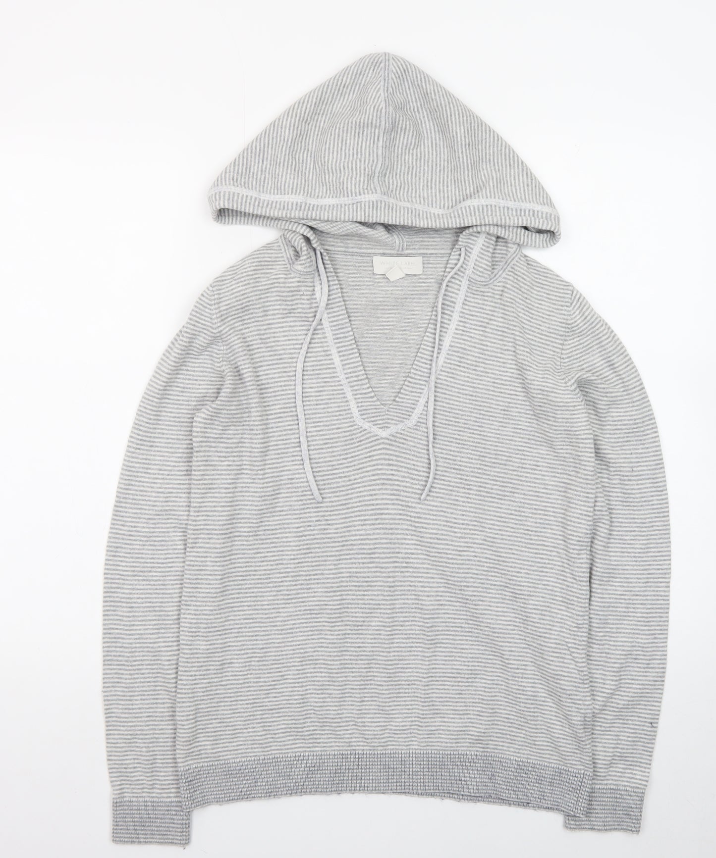 The White Company Womens Grey XS Striped V-Neck Hooded Cotton Jumper