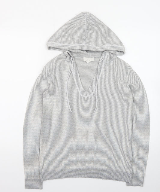 The White Company Womens Grey XS Striped V-Neck Hooded Cotton Jumper