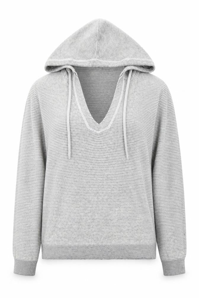 The White Company Womens Grey XS Striped V-Neck Hooded Cotton Jumper