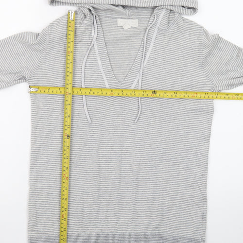 The White Company Womens Grey XS Striped V-Neck Hooded Cotton Jumper