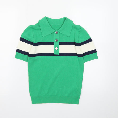 Marks and Spencer Women’s Green Striped Collared Henley Jumper XS