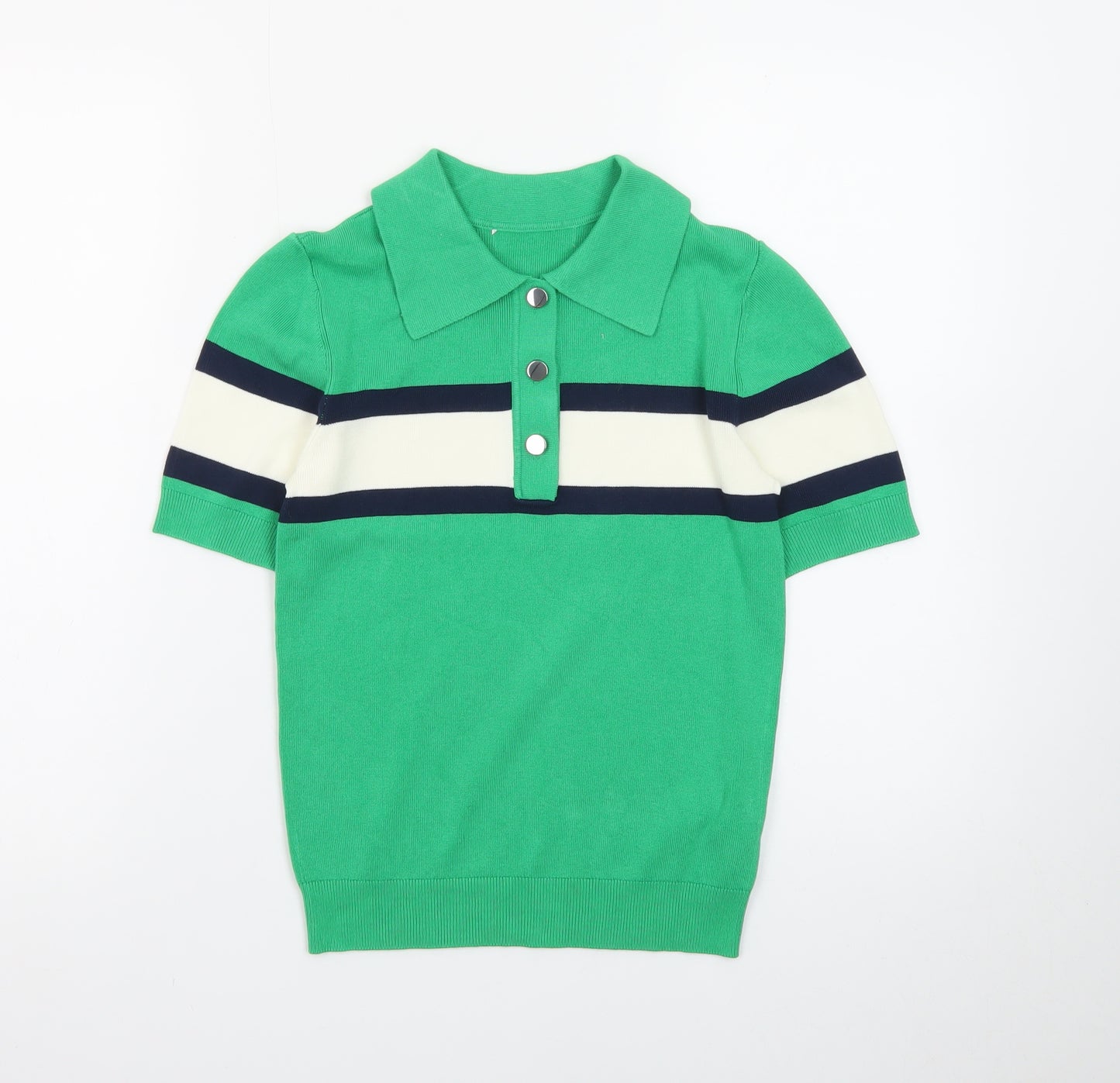 Marks and Spencer Women’s Green Striped Collared Henley Jumper XS