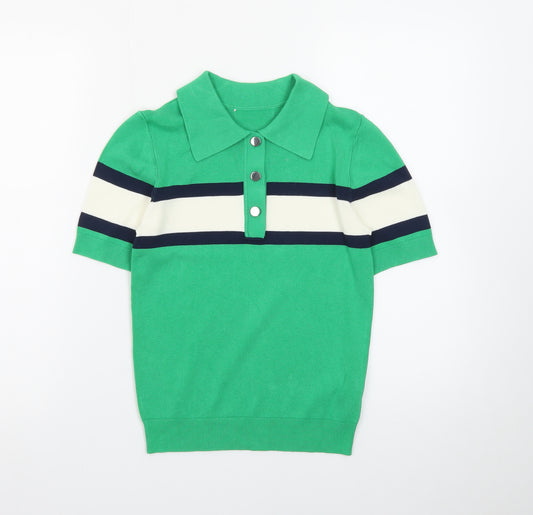 Marks and Spencer Women’s Green Striped Collared Henley Jumper XS