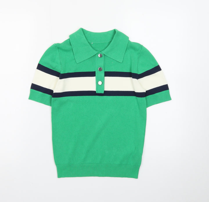 Marks and Spencer Women’s Green Striped Collared Henley Jumper XS