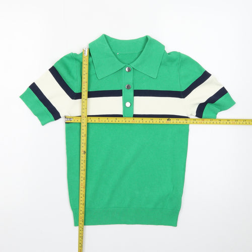 Marks and Spencer Women’s Green Striped Collared Henley Jumper XS