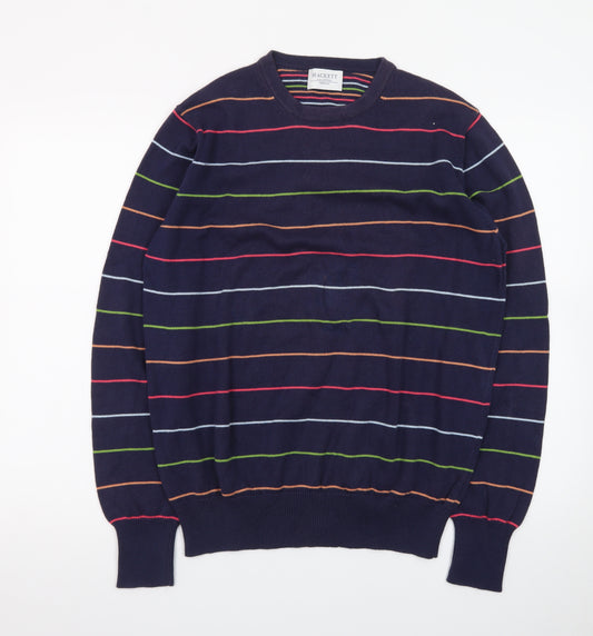 Hackett Men's Blue Striped Cotton Crew Neck Jumper Medium