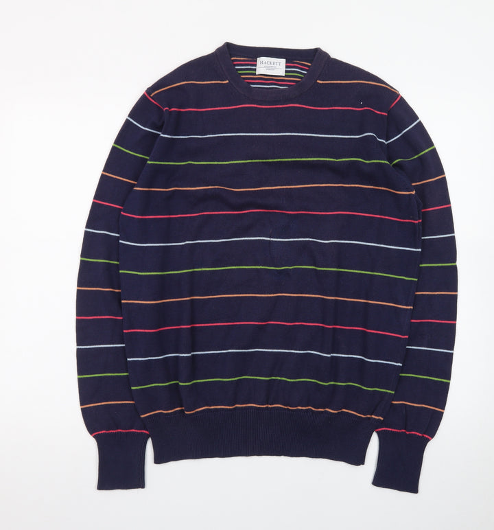 Hackett Men's Blue Striped Cotton Crew Neck Jumper Medium
