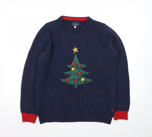 Joules Women's Blue Christmas Tree Wool Blend Jumper Size 12