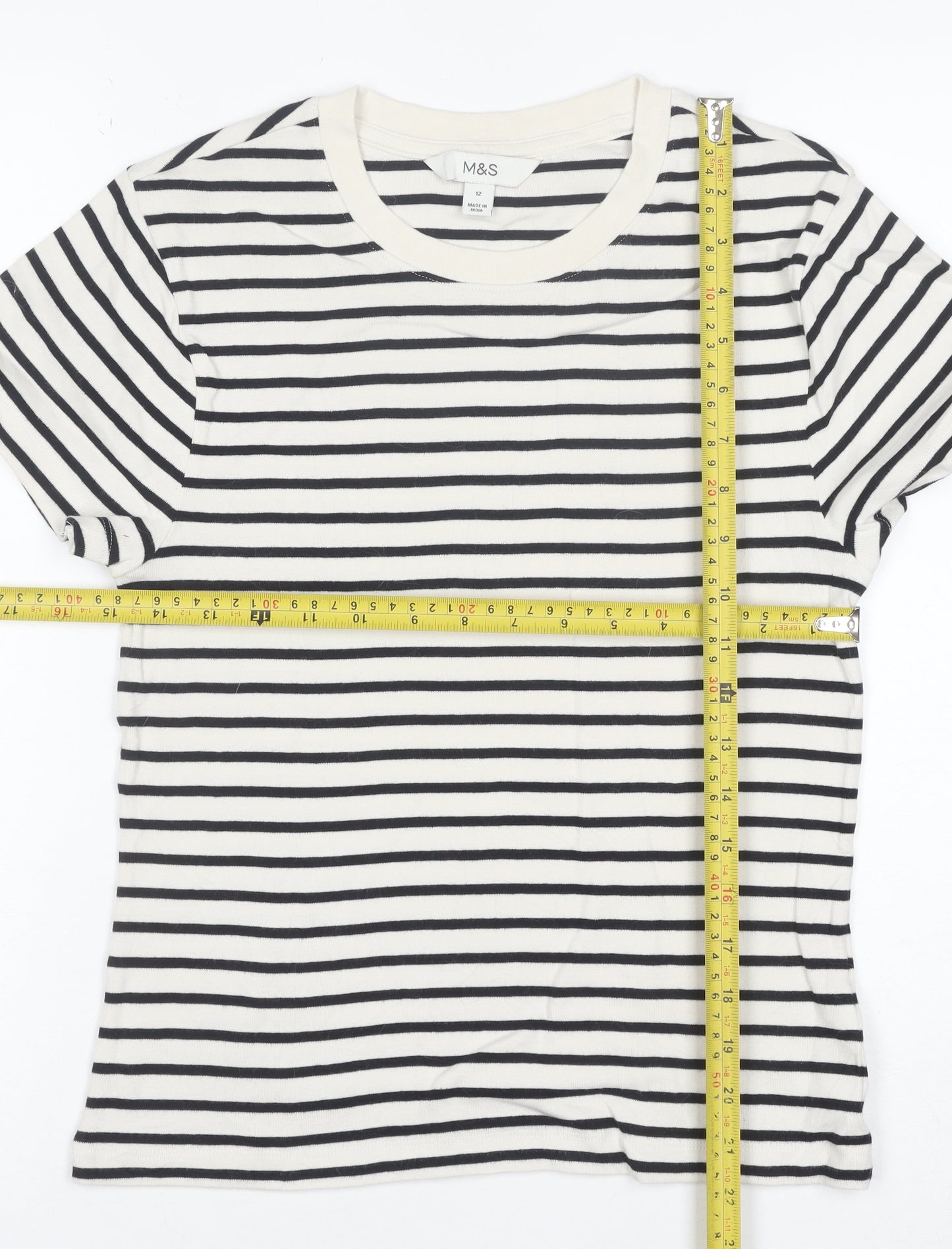 Marks and Spencer Women's Black & White Striped Cotton T-Shirt Size 12